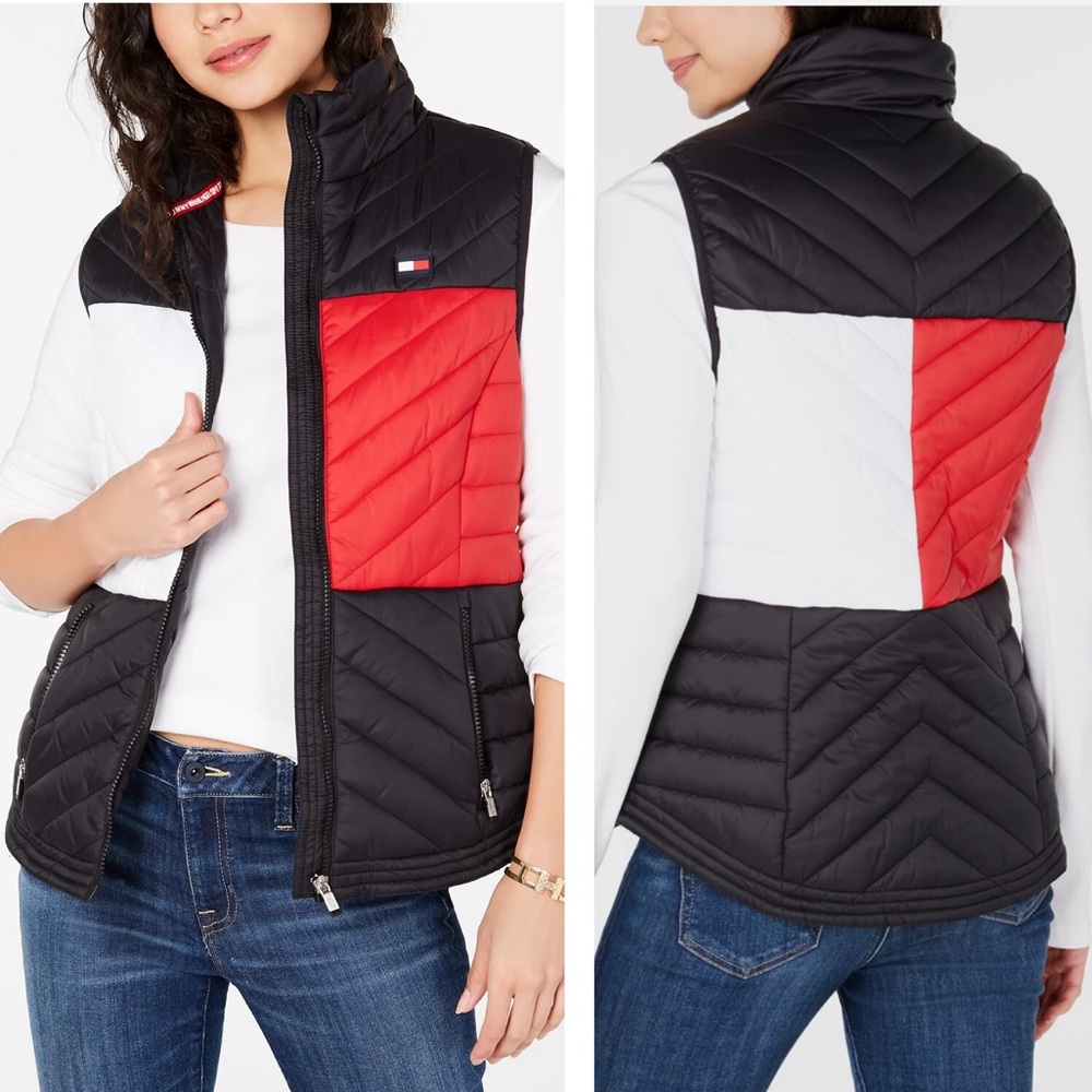 Tommy Hilfiger Black Red & White Quilted Puffer Zip Up Vest Size‎ XL